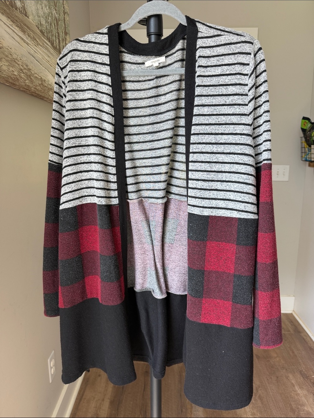 Maurices Striped & Buffalo Plaid Open Cardigan - Black, Gray & Red